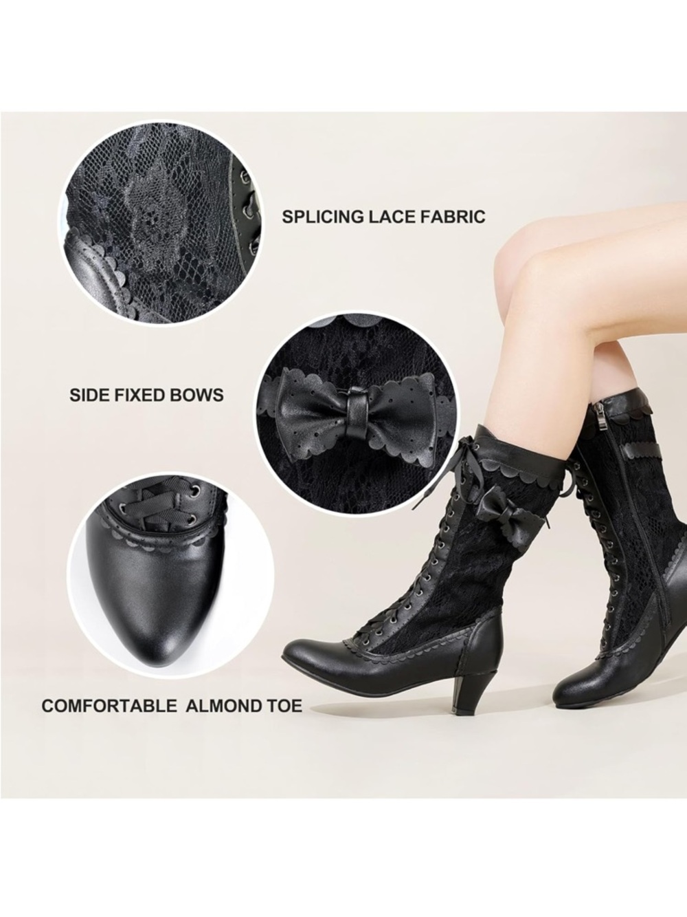 Black Lace Up Mid Heel Victorian Boots - Picture 2 of 7